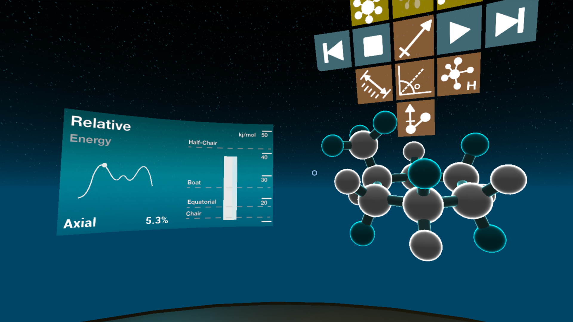 VR chemistry kit - Constructed molecule with an information dashboard