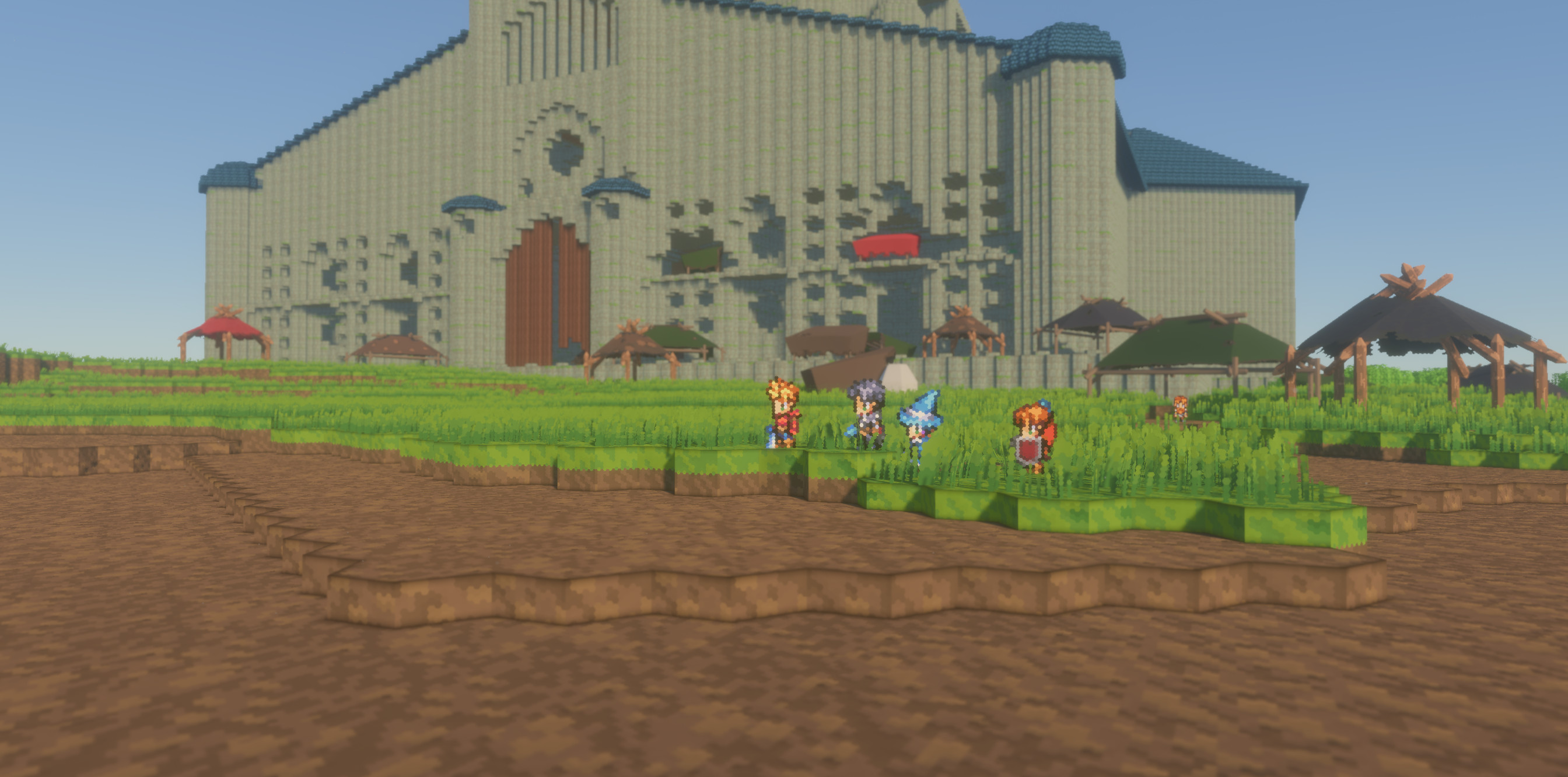 Unnamed game - Characters stand in front of a massive structure