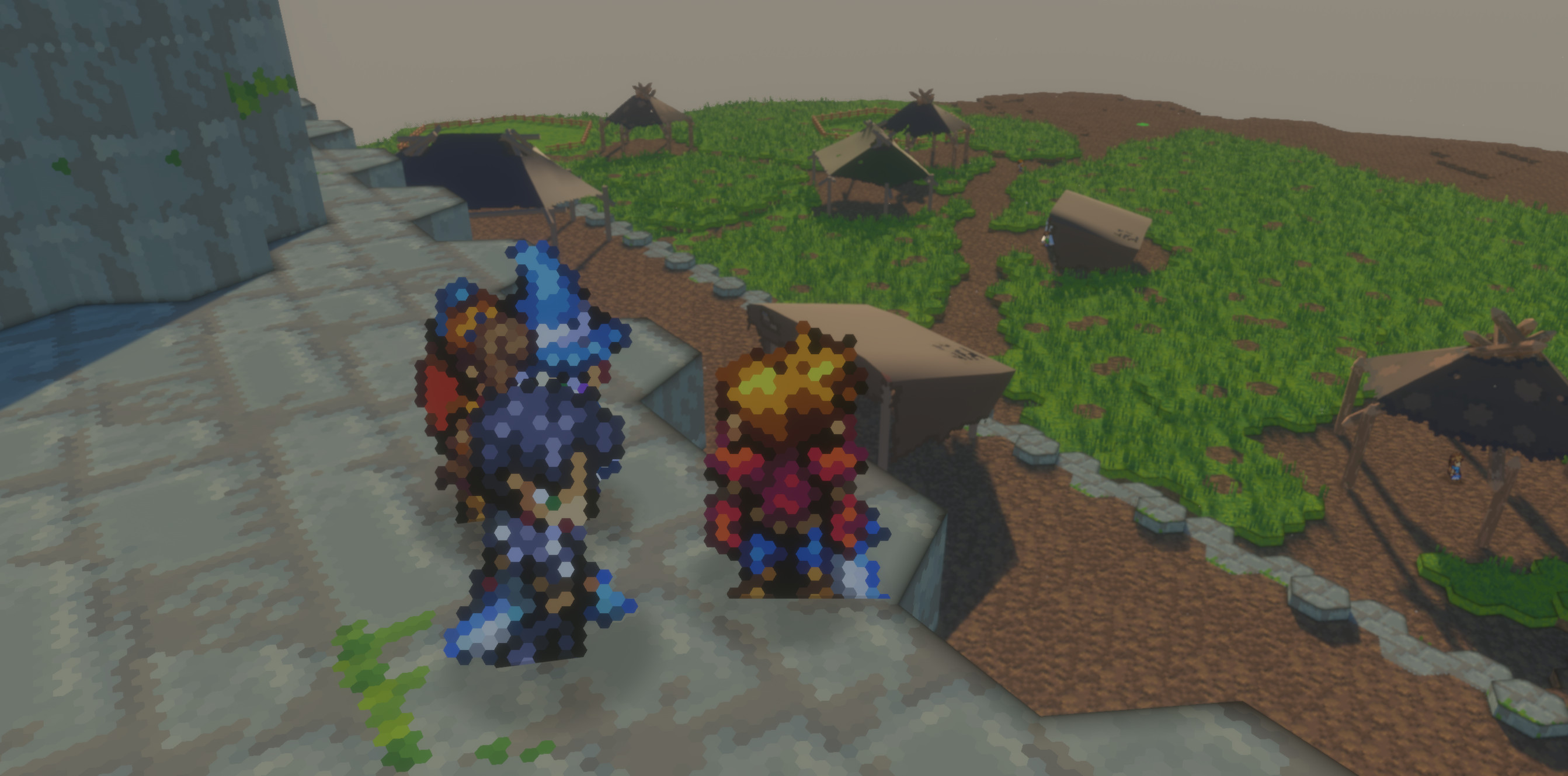 Unnamed game - Characters look down upon a grassy field with many tents